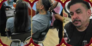 Before and after images of a man having his long black hair tied into ponytails. This is a hair donation for Wigs For Kids. He is Show the cut in a after image.
