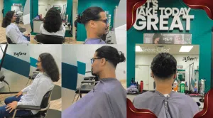 Before and after images of a man having his long black hair and cut his hair in a salon. This is a hair donation for Wigs For Kids. He is showing the cut in a after image.