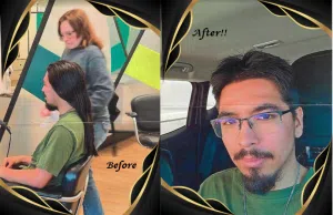 Before and after images of a man having his long brown hair and cut in a salon. This is a hair donation for Wigs For Kids. He is showing the cut in a second image.