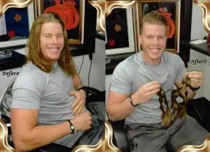 Before and after images of a man having his long blond hair tied into ponytails and cut in a salon. This is a hair donation for Wigs For Kids. He is proudly holding the cut ponytails in a second image.