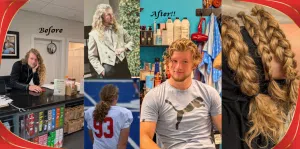 Before and after images of a man having her long blond hair tied into braids and cut in a salon. This is a hair donation for Wigs For Kids. • In the last images we can see the cut braids.