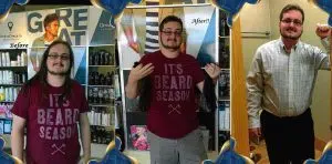 Before and after images of a man having his long brown hair tied into ponytails and cut in a salon. This is a hair donation for Wigs For Kids. He is proudly holding the cut ponytails in a second image.