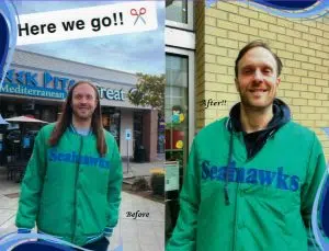 Before and after images of a man having her long brown hair and cut in a salon. This is a hair donation for Wigs For Kids. He is showing the cut in a after image.