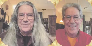 Before and after images of a man having his long gray hair in the first picture. This is a hair donation for Wigs For Kids. And in the second show his cut.