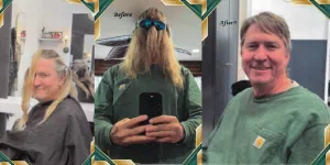 Before and after images of a man having his long blond hair tied into ponytails and cut in a salon. This is a hair donation for Wigs For Kids. He is proudly showing the cut in a after image.