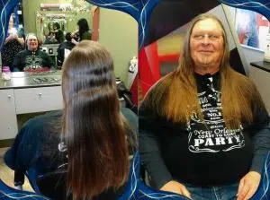 Photo of a man with long golden hair, the hair donation is for Wigs For Kids.