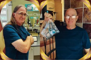Before and after images of a man having his long blond hair tied into braids and cut in a salon. This is a hair donation for Wigs For Kids. He is holding a bag of her cut hair in the last image.