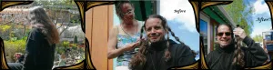 Before and after images of a man having her long brown hair tied into ponytails. This is a hair donation for Wigs For Kids. He is proudly holding the cut ponytails in a third image.