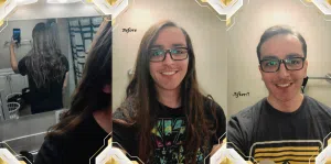 Before and after images of a man showing his long brown hair. This is a hair donation for Wigs For Kids. He is showing the cut in a second image.