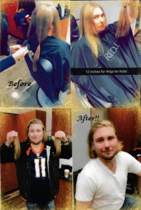 Before and after images of a man having his long golden hair tied into ponytails and cut in a salon. This is a hair donation for Wigs For Kids. He is proudly holding the cut ponytails in a third image.