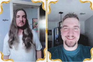 Before and after images of a man having his long hair. This is a hair donation for Wigs For Kids. He is showing his cut in a second image.