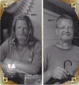 Before and after images of a man having his long hair. This is a hair donation for Wigs For Kids. He is showing the cut in a second image.