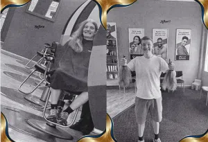 Before and after images of a man having his long hair tied into ponytails and cut in a salon. This is a hair donation for Wigs For Kids. He is proudly holding the cut ponytails in a second image.