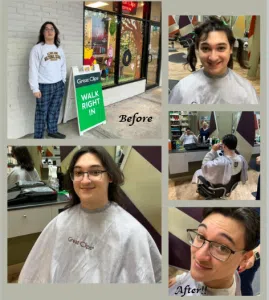 Before and after images of a man having his long black hair tied into ponytails and cut in a salon. This is a hair donation for Wigs For Kids. He is showing the cut in a after image.