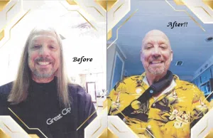Before and after images of a man having his blond hair. This is a hair donation for Wigs For Kids. He is proudly showing the cut in a after image.