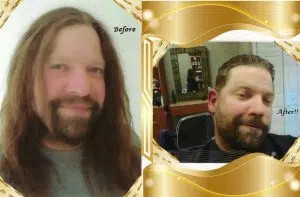 Before and after images of a man having his long brown hair and cut in a salon. This is a hair donation for Wigs For Kids. He is showing the cut in a second image.