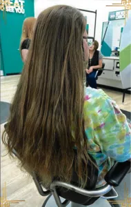 Photos of man with long brown hair and cut in a salon. This is a hair donation for Wigs For Kids.