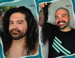 Before and after images of a man having his long black hair tied into ponytail and cut in a salon. This is a hair donation for Wigs For Kids. He is proudly holding the cut ponytail in a second image.