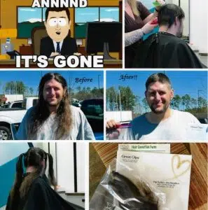 Before and after images of a man having his long brown hair tied into ponytails cut in a salon. This is a hair donation for Wigs For Kids. He is holding a bag of her cut hair in the after image.