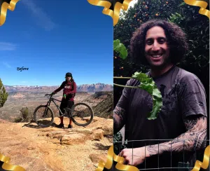 Before and after images of a man showing his long black hair. This is a hair donation for Wigs For Kids. He is showing the cut in a second image.