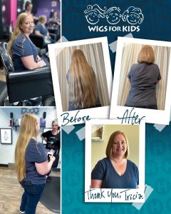 Photos of woman with long blonde hair, then with short blonde hair following a hair donation.