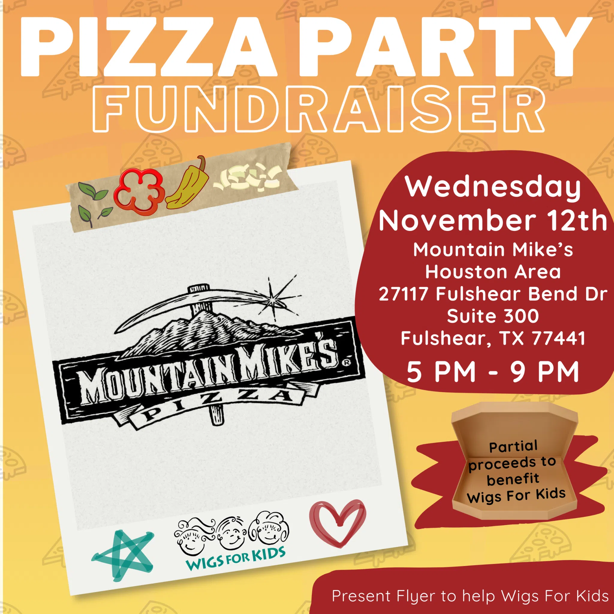 A graphic promoting the Wigs For Kids Pizza Party Fundraiser at Mountain Mike's pizza. Partial proceeds to benefit Wigs For Kids. Wednesday November 12th at Huston Area 27117 Fulshear Bend Dr Suite 300, Fulshear, TX 77441 from 5 PM - 9 PM.