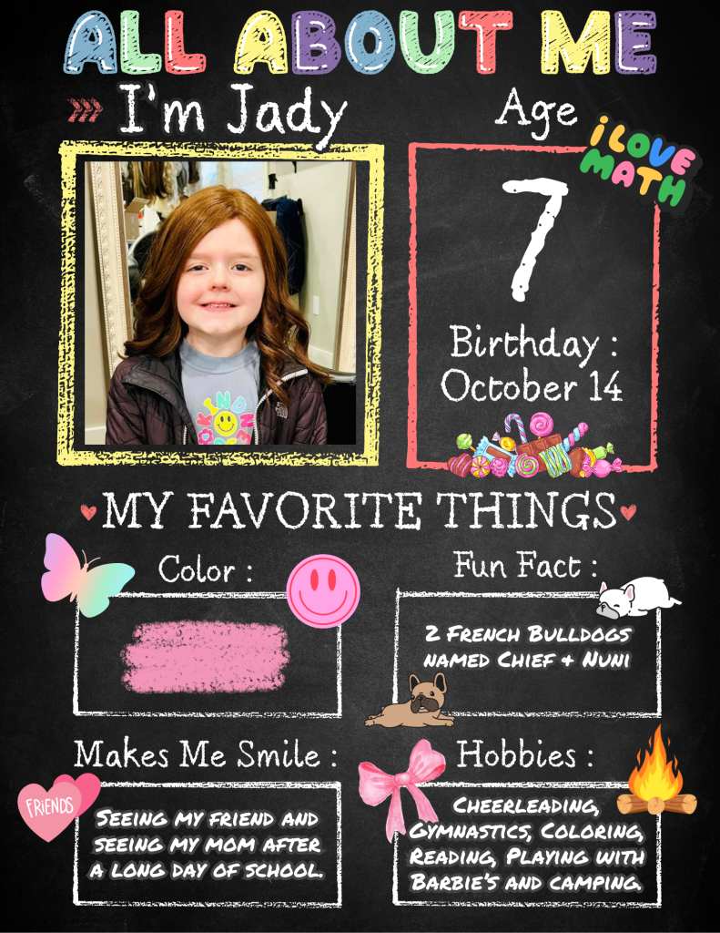 All About Me" profile graphic featuring Jady, a 7-year-old Wigs For Kids recipient. The chalkboard-style design includes a photo of Jady wearing a brown hair replacement system and information about her favorite things. Text states that Jady is 7 years old and has an October 14 birthday. A fun fact notes that Jady has two French bulldogs named Chief and Nuni. The graphic shares that Jady enjoys seeing a friend and seeing a parent after a long day of school. Listed hobbies include cheerleading, gymnastics, coloring, reading, playing with Barbies, and camping. Decorative illustrations of candy, butterflies, hearts, bows, dogs, and a campfire surround the text.