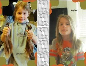 Before and after images of a boy having her long blond hair tied into a ponytail and cut in a salon. This is a hair donation for Wigs For Kids. He is proudly holding the cut ponytails in a first image.