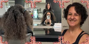 Before and after images of a woman having her hair cut in a salon. There is a middle image between the before and after ones showing her taking a picture in the mirror with a hairstylist behind her.