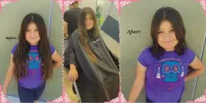 Before and after images of a girl having her long Brown hair She cut in a salon. This is a hair donation for Wigs For Kids. She is proudly Show the cut in a third image.