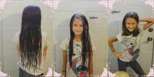 Before and after images of a girl having her long Brown hair. This is a hair donation for Wigs For Kids. She is proudly Show the cut in a third image.