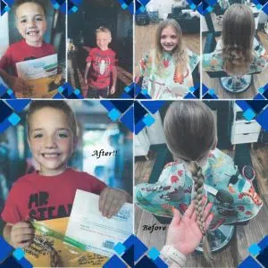A sequence of six images that show a boy having his hair Before show the braided into ponytails and After Show the cut and showing the donation to Wigs For Kids.