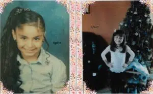 Before and after images of a woman having her long black hair. This is a hair donation for Wigs For Kids. Is showing the cut in the second image.