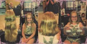 Before and after images of a girls having her long blond hair cut in a salon. This is a hair donation for Wigs For Kids. She is holding a bag of her cut hair in the last image.