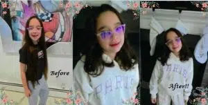 Before and after images of a girl having her long Brown hair. This is a hair donation for Wigs For Kids. She is proudly Show the cut in a After image.