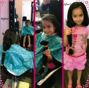 Before and after images of a girl having her long black hair cut in a salon. She is holding her braid in the after image.