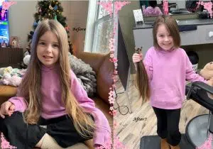 Before and after images of a girl having her long blond and cut in a salon. This is a hair donation for Wigs For Kids. She is proudly holding the cut ponytails in a second image.