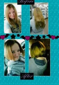 Before and after images of a girls having her long blond hair. This is a hair donation for Wigs For Kids. • She is proudly Shows off her haircut in After image.