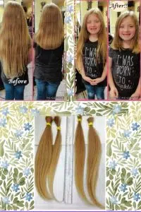 Before and after images of a girls having her long blond hair tied into ponytails and cut in a salon. This is a hair donation for Wigs For Kids. Shows the ponytails in a image below.