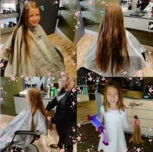 Before and after images of a girls having her long brown hair and cut in a salon. This is a hair donation for Wigs For Kids. She is proudly holding the cut ponytails in a After image.