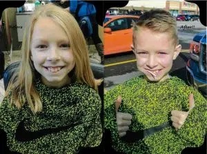 Before and after images of a boy having her long blond hair. This is a hair donation for Wigs For Kids. He is proudly showing the new cut in a second image.