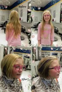 Before and after images of a girls having her long blond hair and cut in a salon. This is a hair donation for Wigs For Kids. She is showing the cut in a after image.
