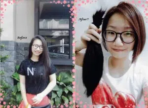 Before and after images of a girl having her long Black hair. This is a hair donation for Wigs For Kids. • She is proudly holding the cut ponytails in a second image.