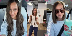 Before and after images of a woman having her hair cut, with a middle image showing her in a salon holding two cut and braided ponytails.