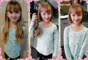 Before and after images of a girls having her long blond hair tied into ponytails and cut in a salon. This is a hair donation for Wigs For Kids. She is proudly holding the cut ponytails in a second image.