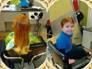 Before and after images of a boy having her long red hair and cut in a salon. This is a hair donation for Wigs For Kids. He is proudly showing his cut in a second image.