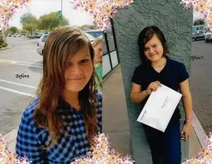 Before and after images of a girls having her long blond hair and cut in a salon. This is a hair donation for Wigs For Kids. She is holding an envelope of her cut hair in the last image.