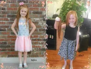 Before and after images of a girls having her long red hair tied into ponytail and cut in a salon. This is a hair donation for Wigs For Kids. She is proudly holding the cut ponytails in a second image.