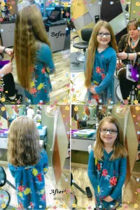 Before and after images of a girls having her long blond hair and cut in a salon. This is a hair donation for Wigs For Kids. She is showing her cut in a last image.