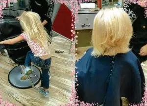 Before and after images of a girls having her long blond hair cut in a salon. This is a hair donation for Wigs For Kids. She shows her cut in a second image.